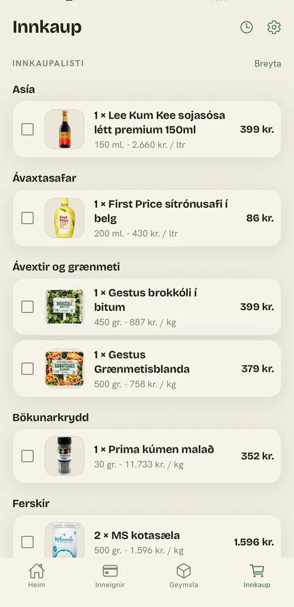 Veyma shopping list grouped by aisle with real product prices.