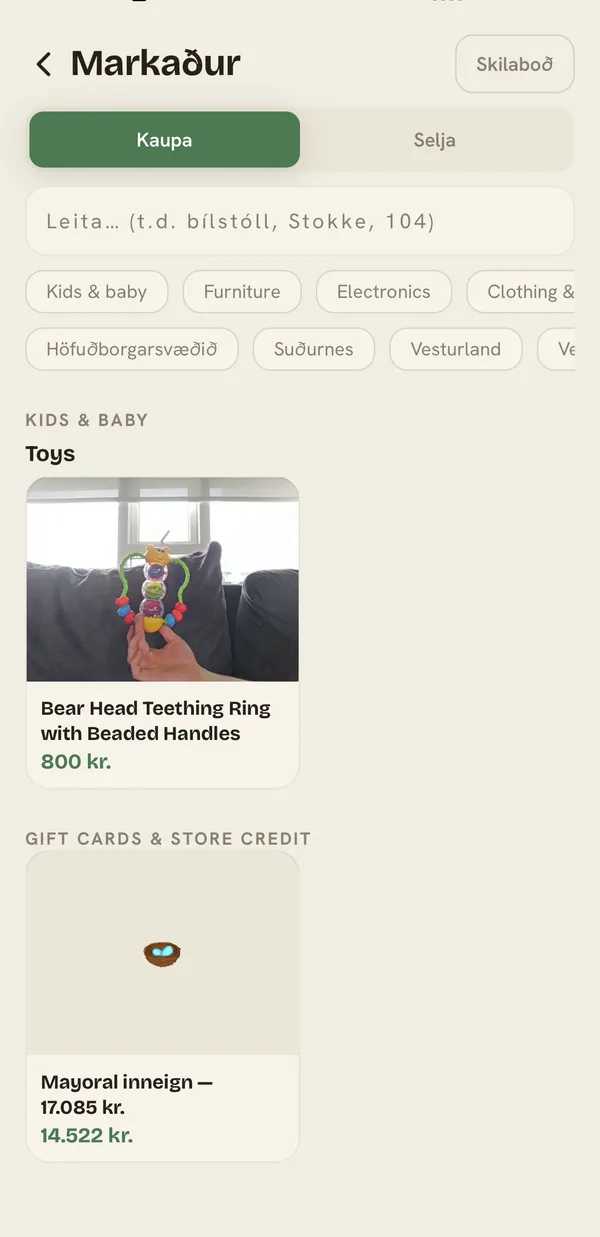 Veyma marketplace browse with categories and local listings.