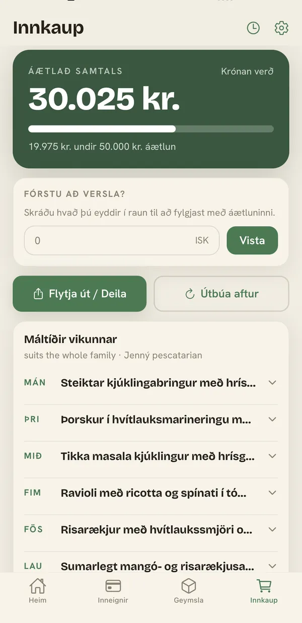 Veyma shopping screen with estimated total, budget bar and weekly meals.