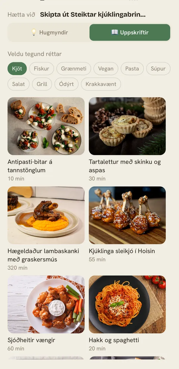 Veyma meal-swap screen showing recipe alternatives.